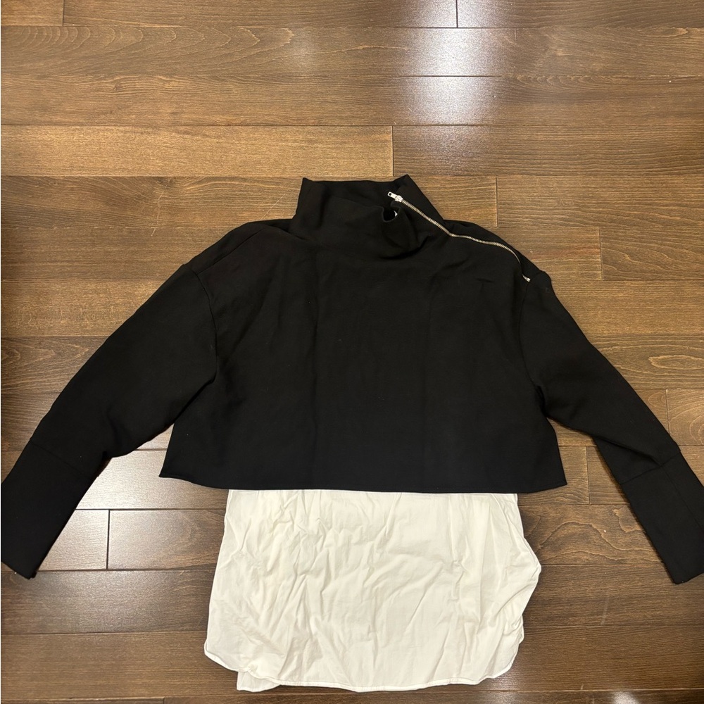 Zara Black Cropped Turtleneck Sweater with White Layered Hem